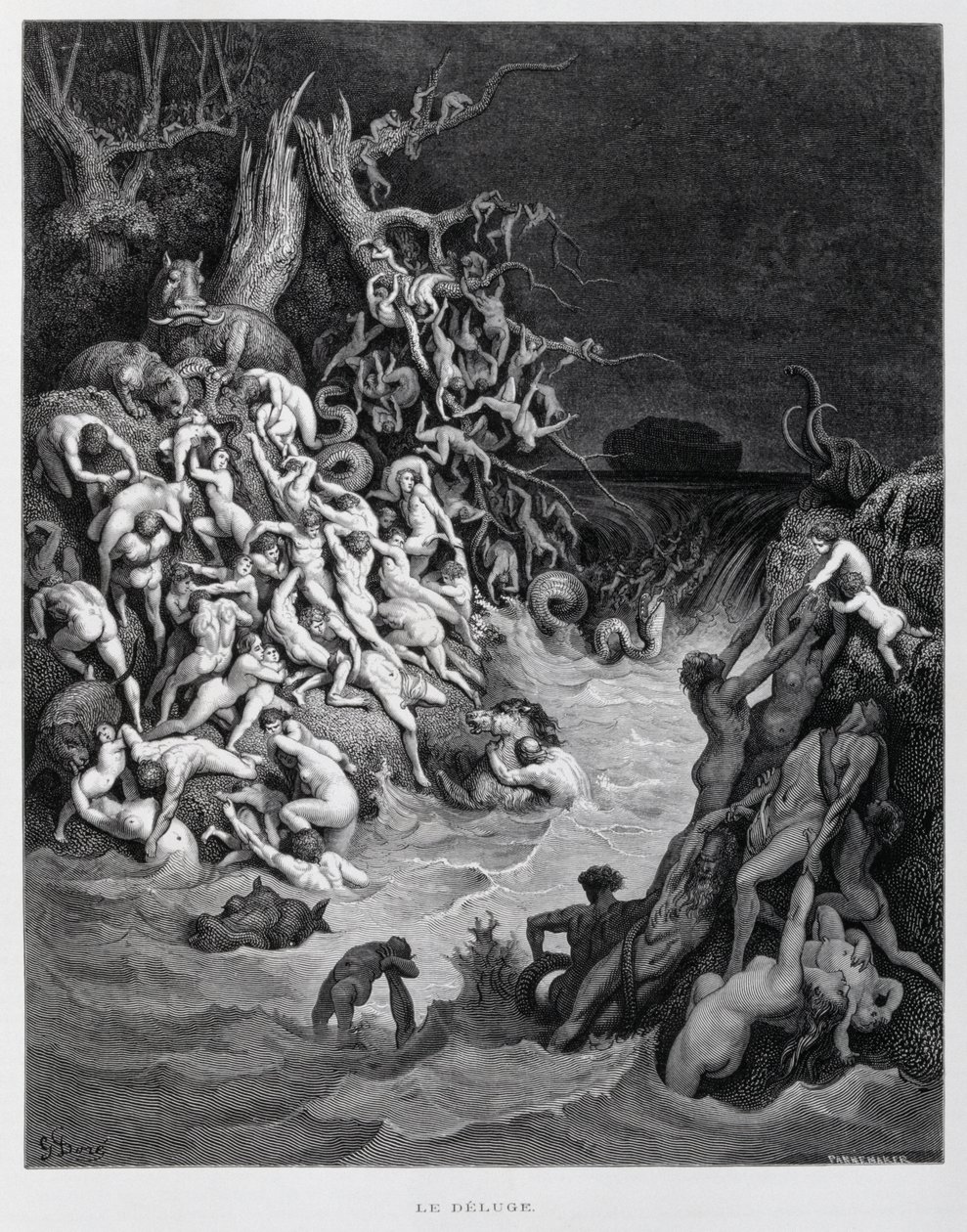 Noa och hans ark flyr när den stora översvämningen omsluter jorden, Illustration från Dore-bibeln av Gustave Dore