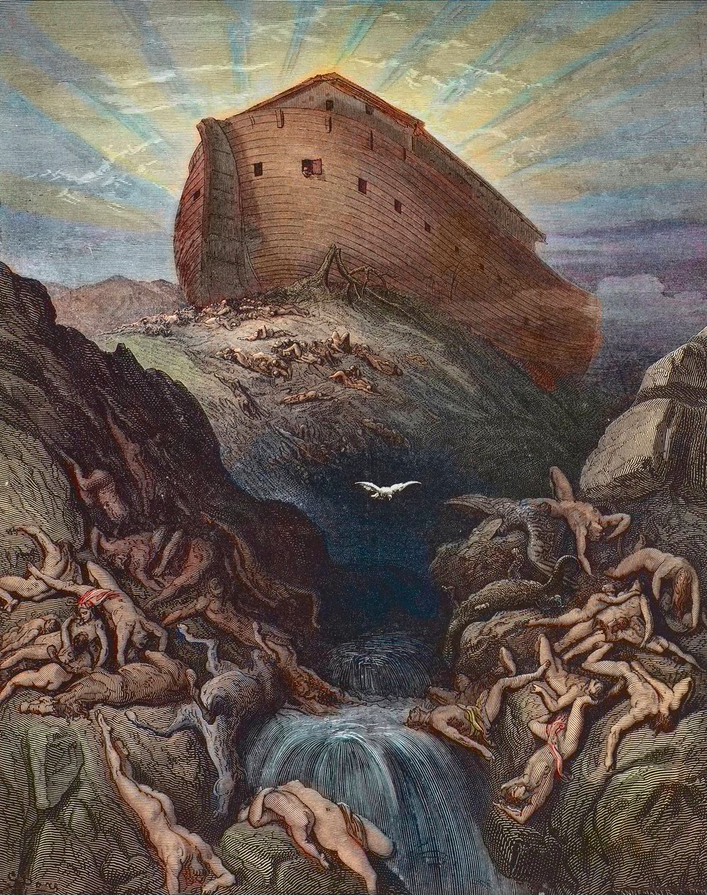 Noe skickar en duva till jorden - Noah skickar ut duvan från arken, gravyr av Gustave Dore (1832-1883) av Gustave Dore