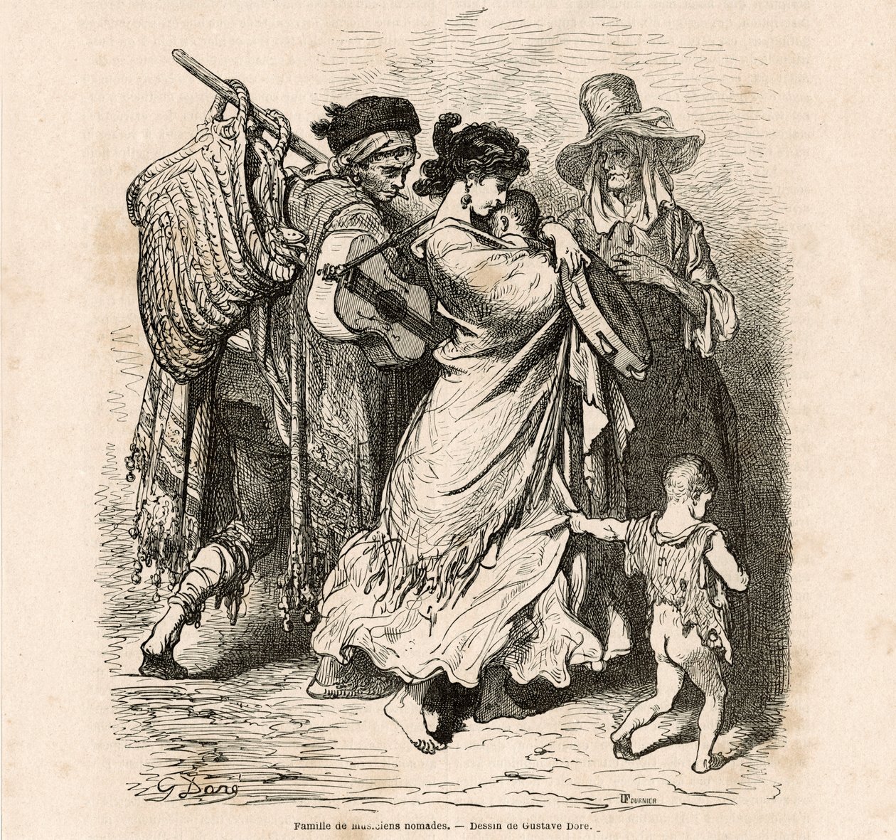Nomadfamilj av musiker (gravyr) av Gustave Dore
