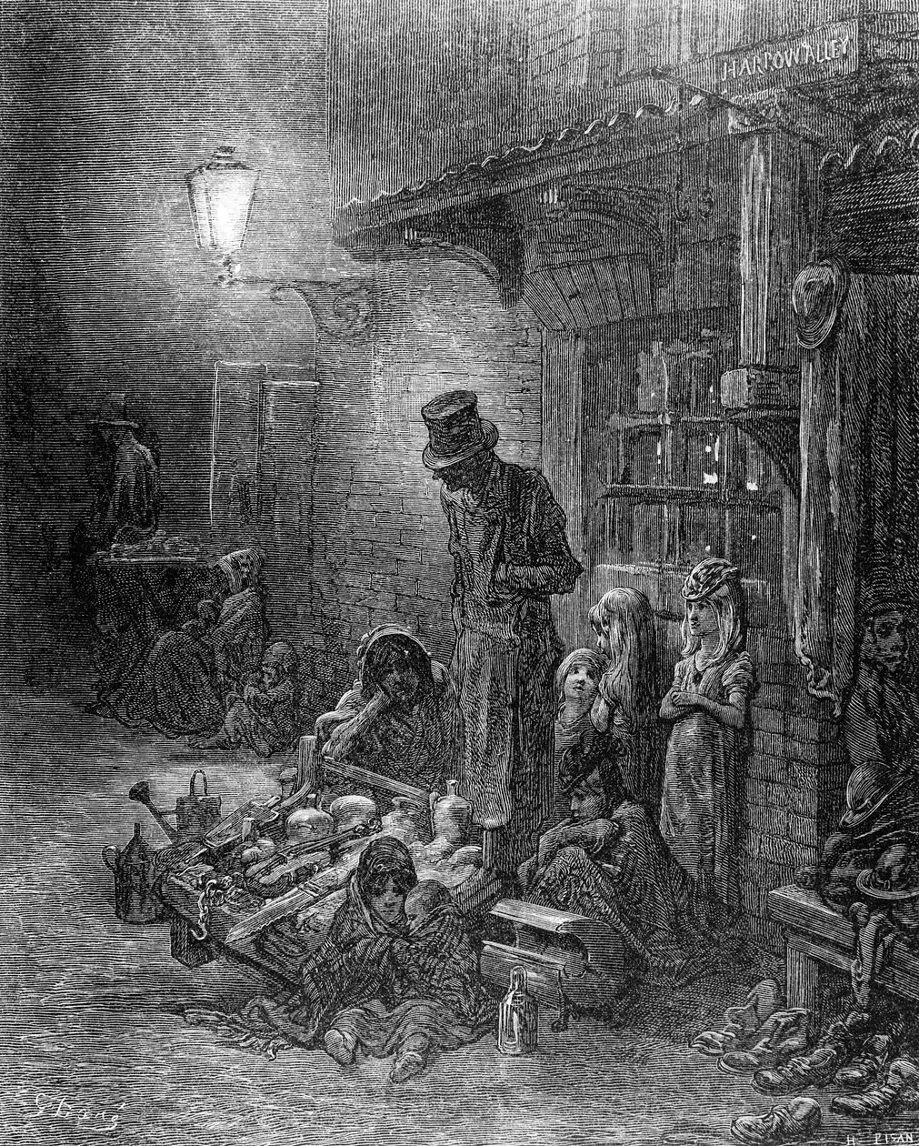 Utanför Billingsgate, utsikt över Harrow Alley, från "London, a Pilgrimage", skriven av William Blanchard Jerrold (1826-84), graverad av Heliodore Joseph Pisan (1822-90), pub. 1872 av Gustave Dore