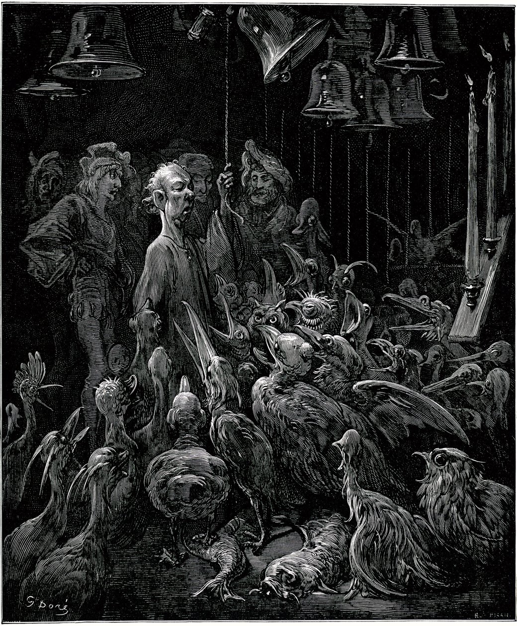 På ön Sonnante får Panurge fåglarna att sjunga genom att ringa i klockorna - illustration av Gustave Dore till kompletta verk av Francois Rabelais - Femte boken - Pantagruel av Gustave Dore