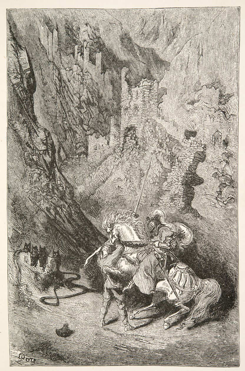 På väg till det gröna kapellet, från Stories of the Days of King Arthur av Charles Henry Hanson, pub.1898 av Gustave Dore