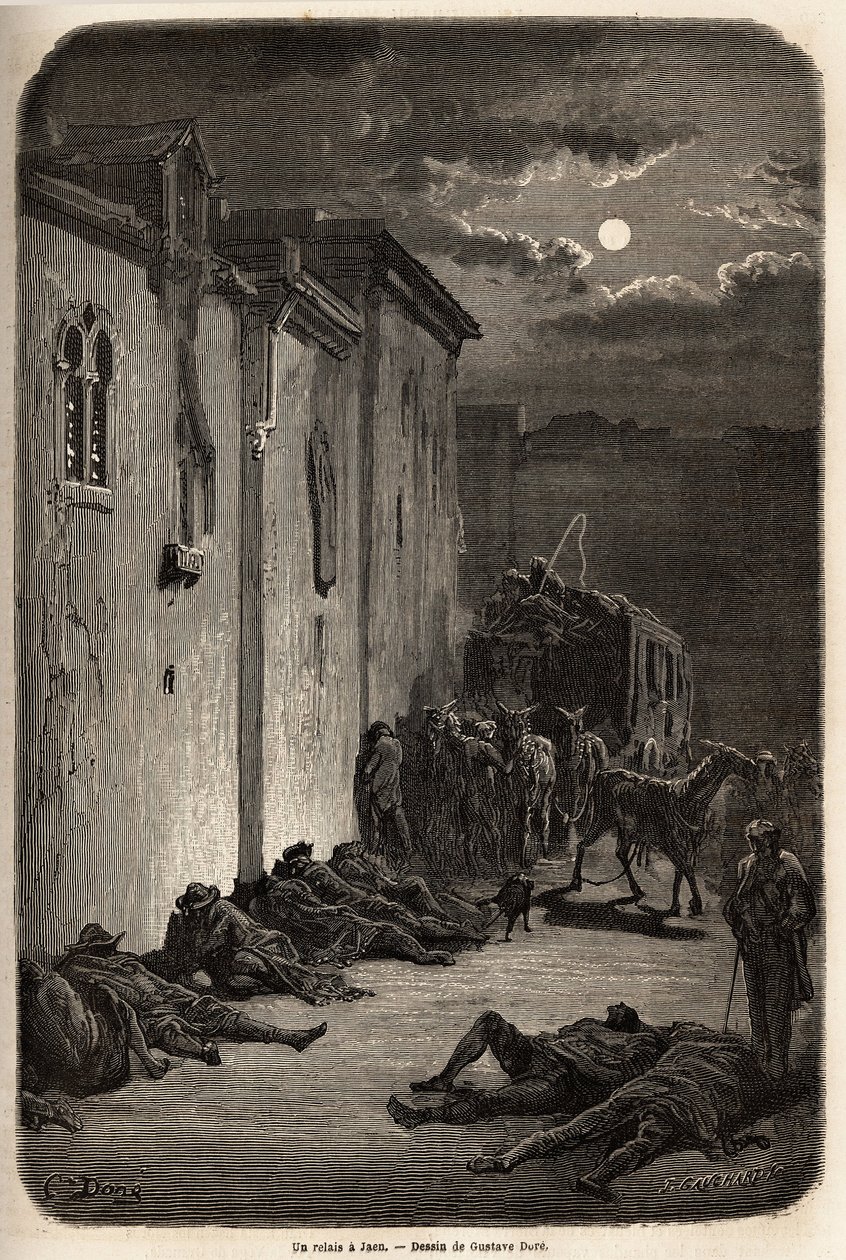 En natt i en stafett i Jaen. Teckning av Gustave Dore (1832-1883), för att illustrera hans resa till Spanien 1862, med Ch. Davillier. Gravyr i "" Le tour du monde"", redigerad av Edouard Charton av Gustave Dore