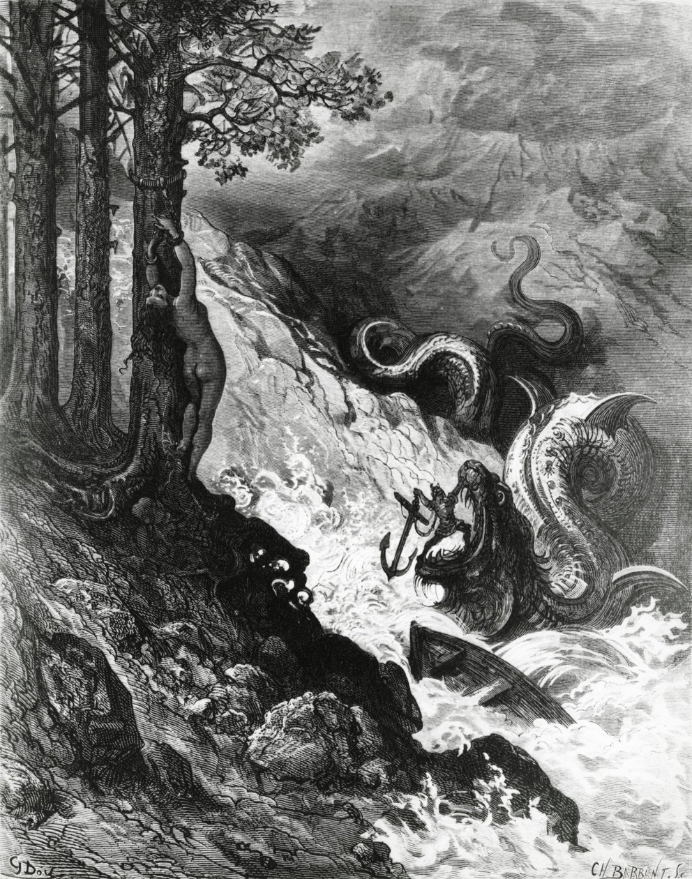 Orlando kämpar mot orken, från Orlandos frenesi, av Paul Gustave Dore, illustration av Gustave Dore