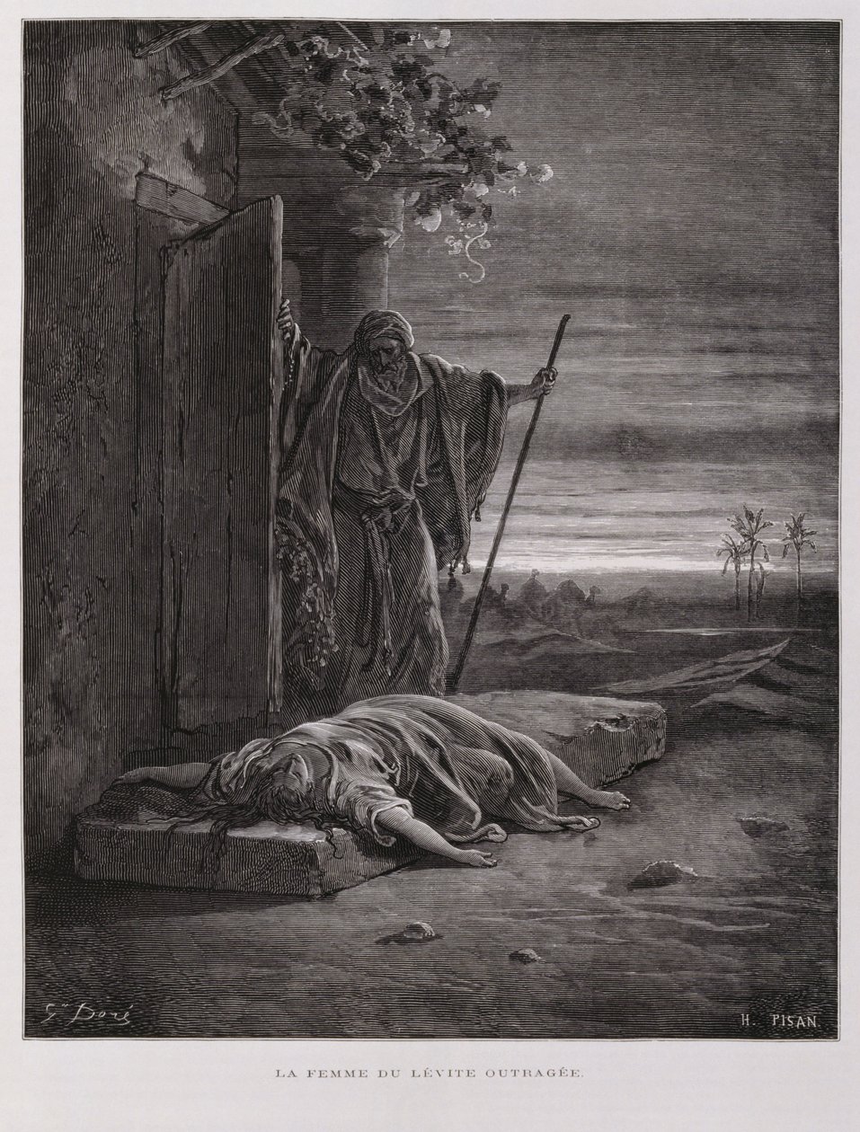 Upprördhet i Gibeah, leviten bär bort sin döda konkubin, Illustration från Dore-bibeln av Gustave Dore