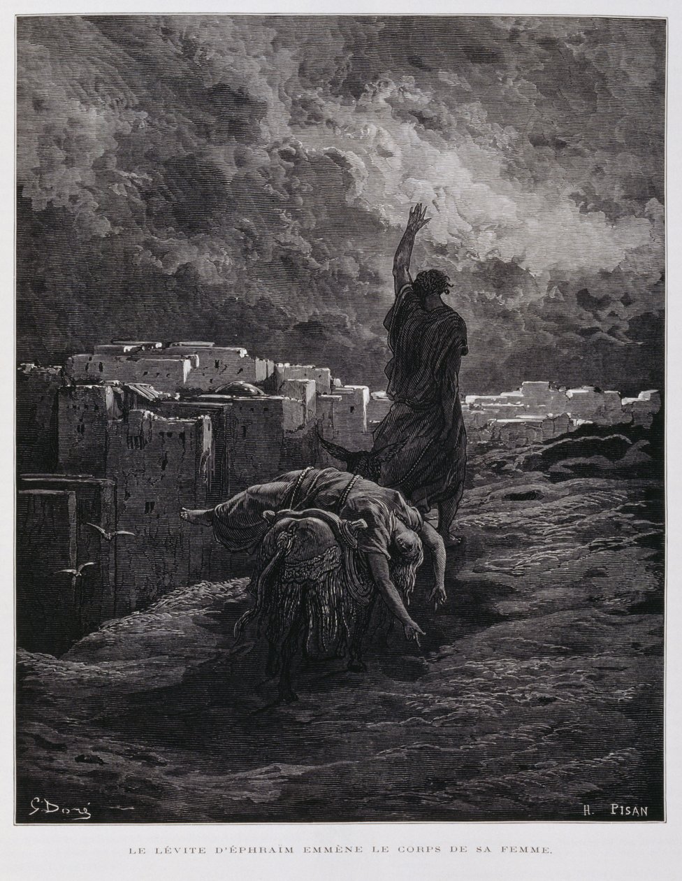 Upprördhet i Gibeah, leviten bär bort sin döda konkubin, Illustration från Dore-bibeln av Gustave Dore
