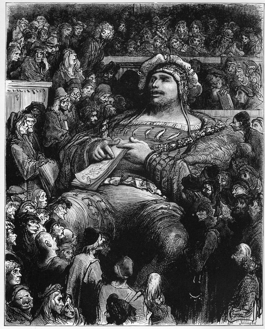 Pantagruel testar sin själ mot de parisiska forskarna - illustration från "Gargantua och Pantagruel", av Francois Rabelais - gravyr av Gustave Dore (1832-1883) av Gustave Dore