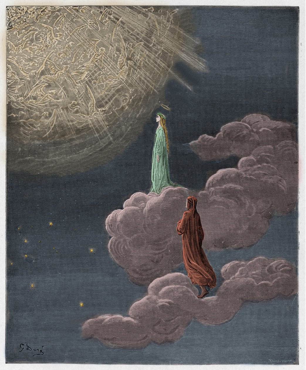 Paradiso, Canto 14: Dante och Beatrice översatta till Mars sfär, illustration från "Den gudomliga komedin" av Dante Alighieri, 1885 av Gustave Dore