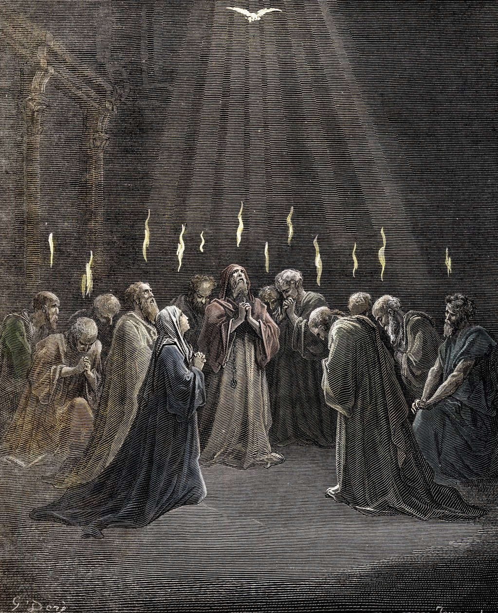 Pingst, den Helige Andes nedstigning över apostlarna och andra efterföljare av Jesus Kristus Gravyr av Gustave Dore (1832-1883) från "" La Bible"" Privat samling av Gustave Dore