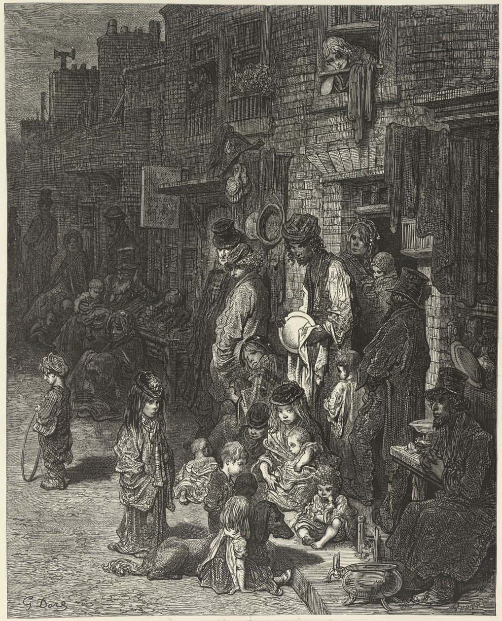 Människor som står och sitter utanför sina hus, på en gata, från "London: a pilgrimage", av William Blanchard Jerrold av Gustave Dore
