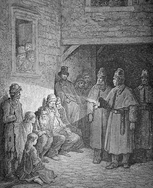 Poliser på patrull i Londons Rookery, graverade av Stephane Pannemaker (1847-1930) av Gustave Dore