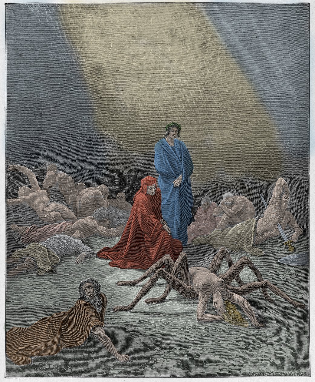 Purgatorio, Canto 12: Dante ser Arachnes själ, illustration från "Den gudomliga komedin" av Dante Alighieri, 1885 av Gustave Dore