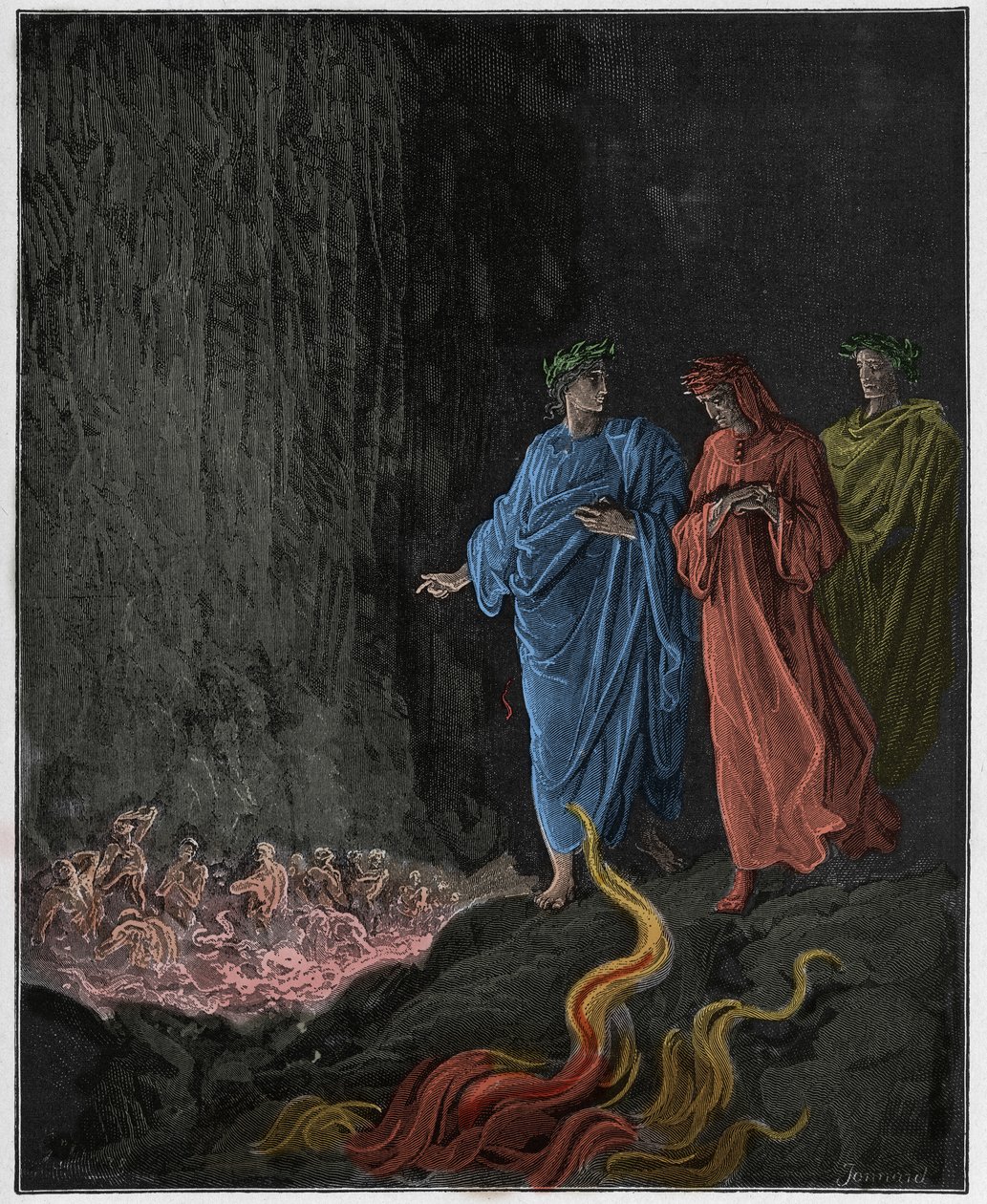 Purgatorio, Canto 25 : Poeterna i den sjunde cirkeln, illustration från "Den gudomliga komedin" av Dante Alighieri, 1885 av Gustave Dore