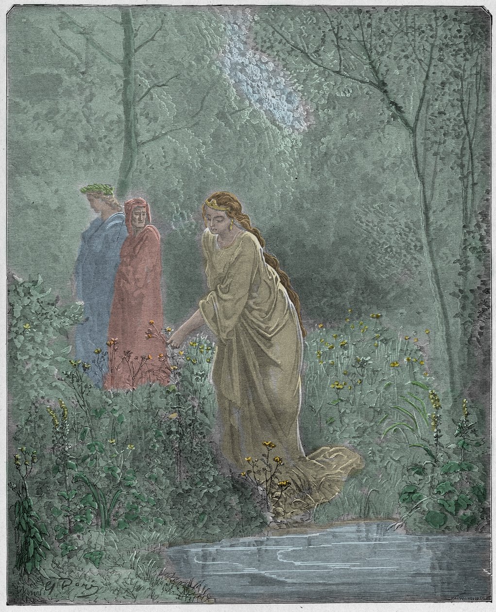 Purgatorio, Canto 27: Dantes dröm om Leah på ängen, illustration från "Den gudomliga komedin" av Dante Alighieri, 1885 av Gustave Dore