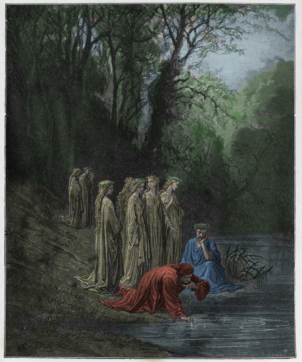Purgatorio, Canto 33: Dante drinkar av floden Eunoe, illustration från "The Divine Comedy" av Dante Alighieri, 1885 av Gustave Dore
