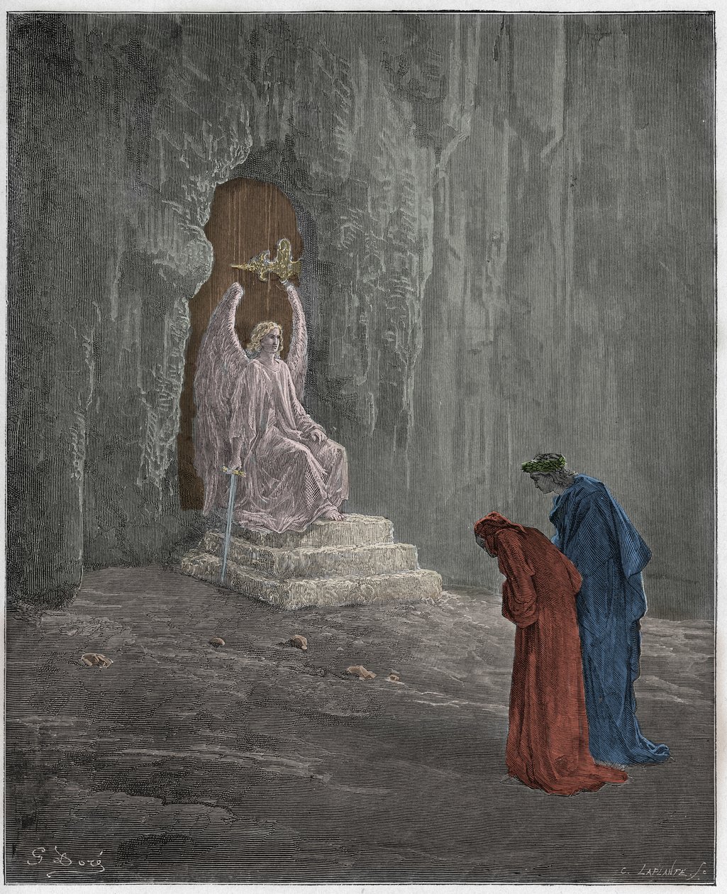 Purgatorio, Canto 9: Dante och Vergilius vid skärseldens portaler, illustration från "Den gudomliga komedin" av Dante Alighieri, 1885 av Gustave Dore