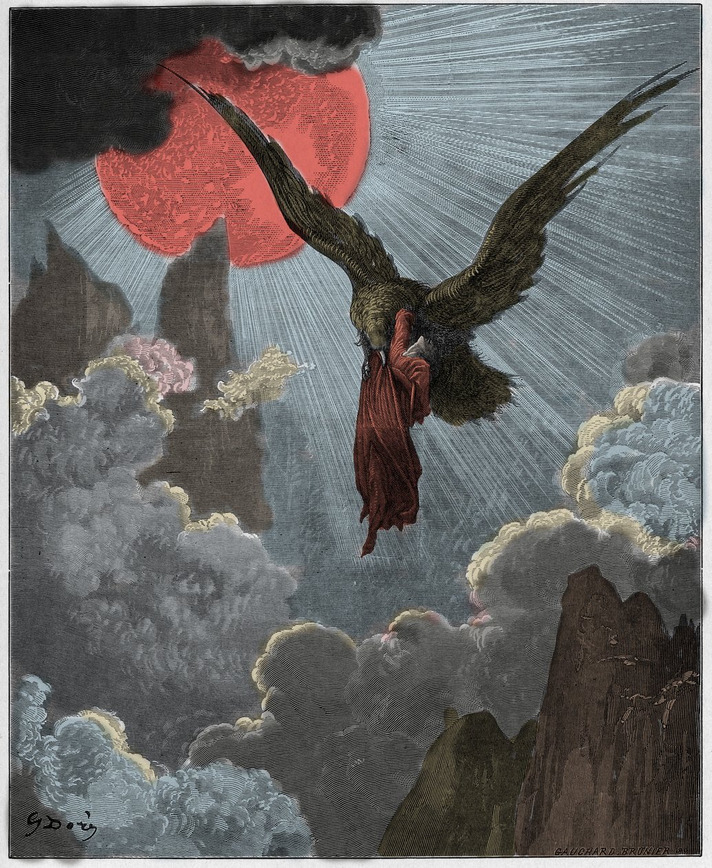 Purgatorio, Canto 9: Dante, i en dröm, bärs bort av en örn, illustration från "Den gudomliga komedin" av Dante Alighieri, 1885 av Gustave Dore