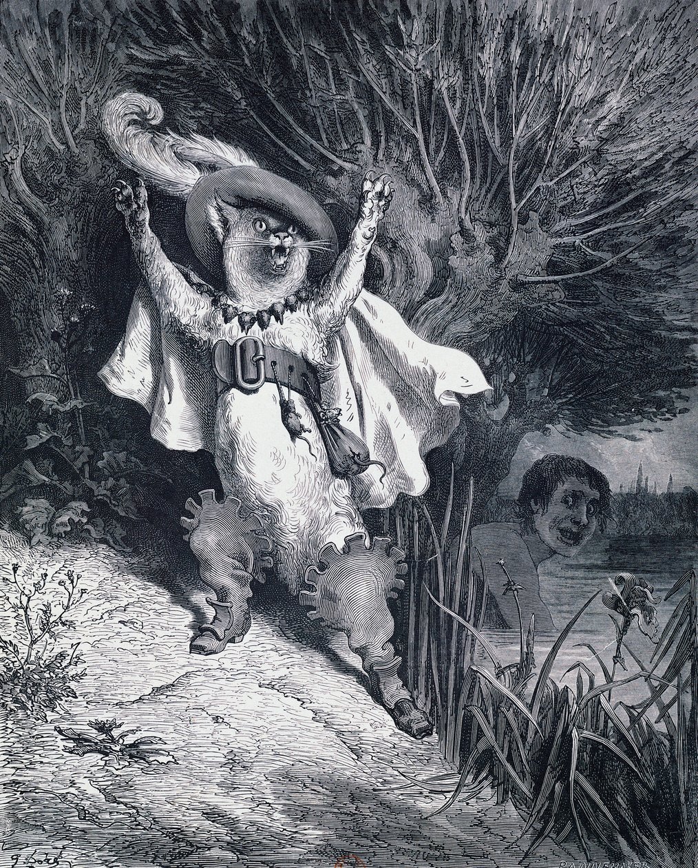 Puss in Boots, illustration av Gustave Dore (1832-1883) till sagan av Charles Perrault (1628-1703) av Gustave Dore