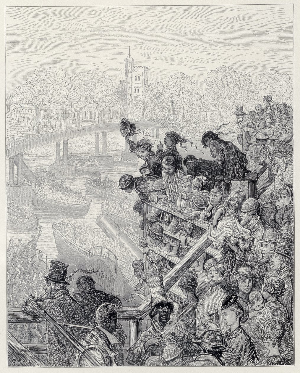 Putney Bridge - återkomsten, från "London, en pilgrimsfärd", skriven av William Blanchard Jerrold (1826-84), graverad av Henri-Theophile Hildibrand (1824-97), pub. 1872 av Gustave Dore