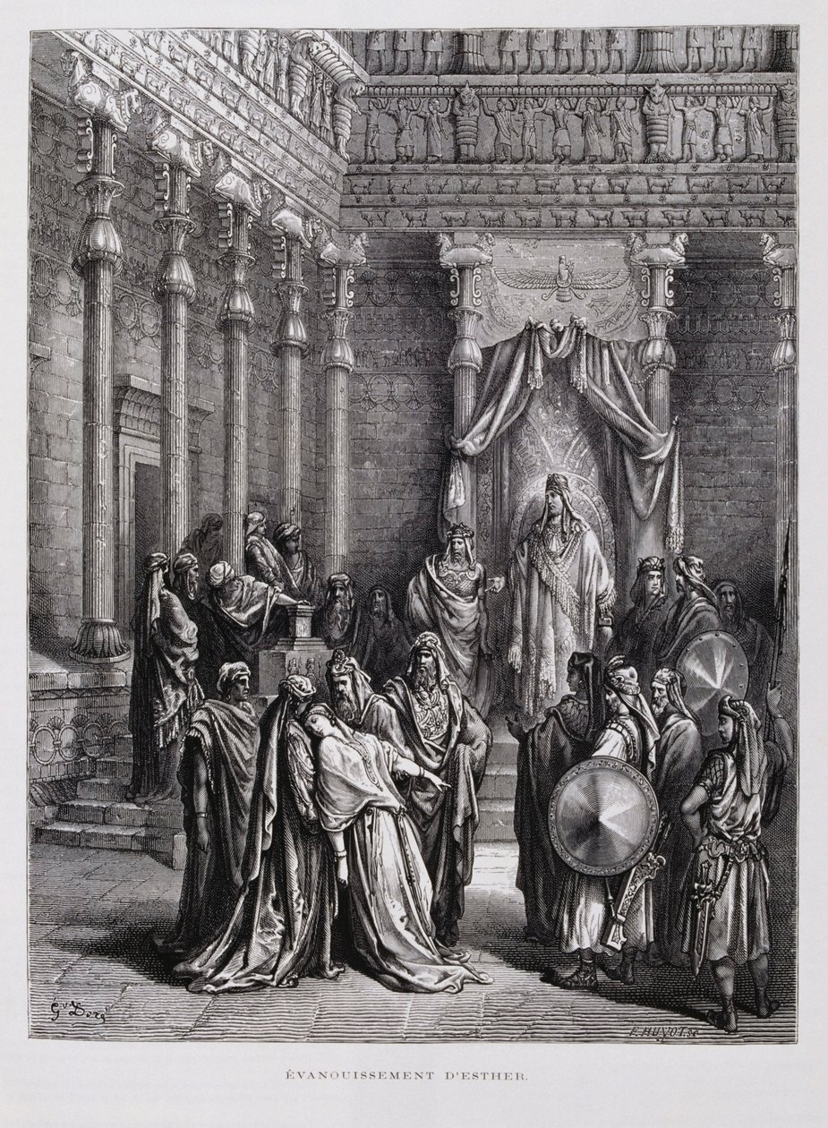 Drottning Ester svimmar inför kungen, illustration från Dore-bibeln av Gustave Dore
