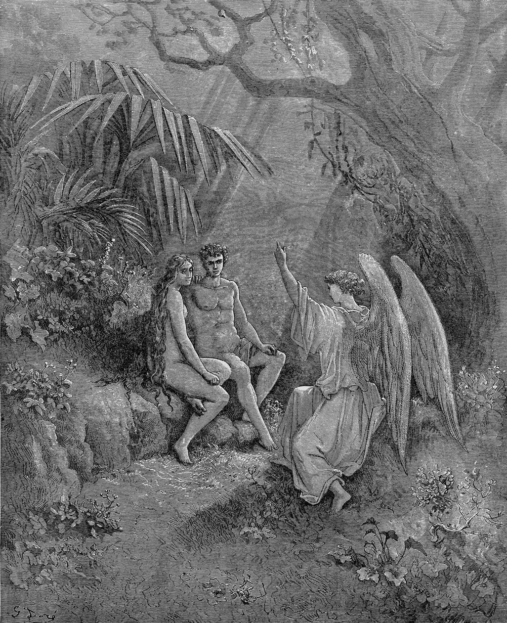 Raphael pratar med Adam och Eva. Illustration för John Miltons Paradise Lost, 1866 av Gustave Dore