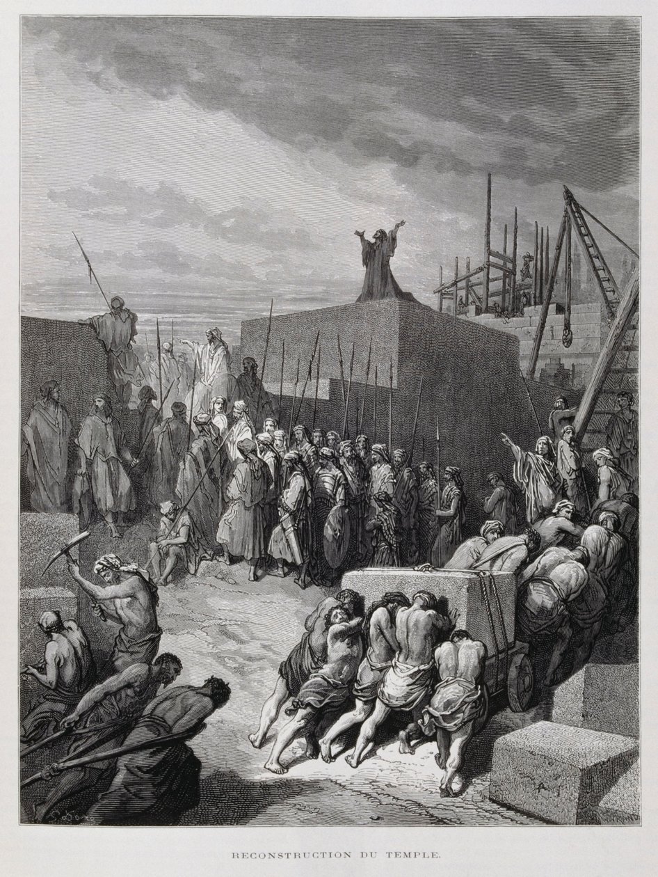 Återuppbyggnad av templet i Jerusalem, illustration från Dore-bibeln av Gustave Dore