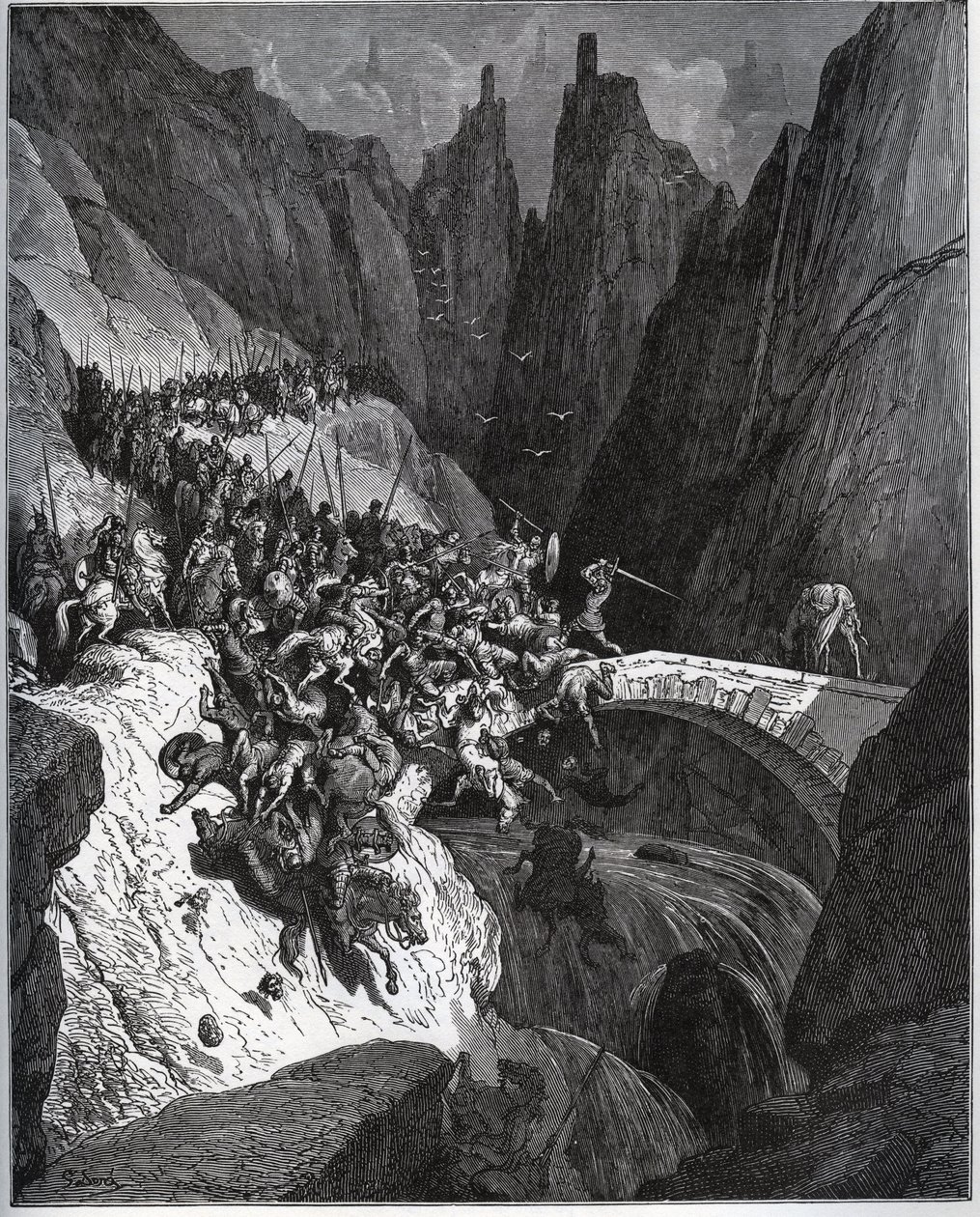 Recite des feats du chevalier Diego Garcia de Paredes - från "Don Quixote de la Mancha"" av Miguel Cervantes (1547-1616) (Don Quijote) - Träsnitt efter teckning av Gustave Dore av Gustave Dore
