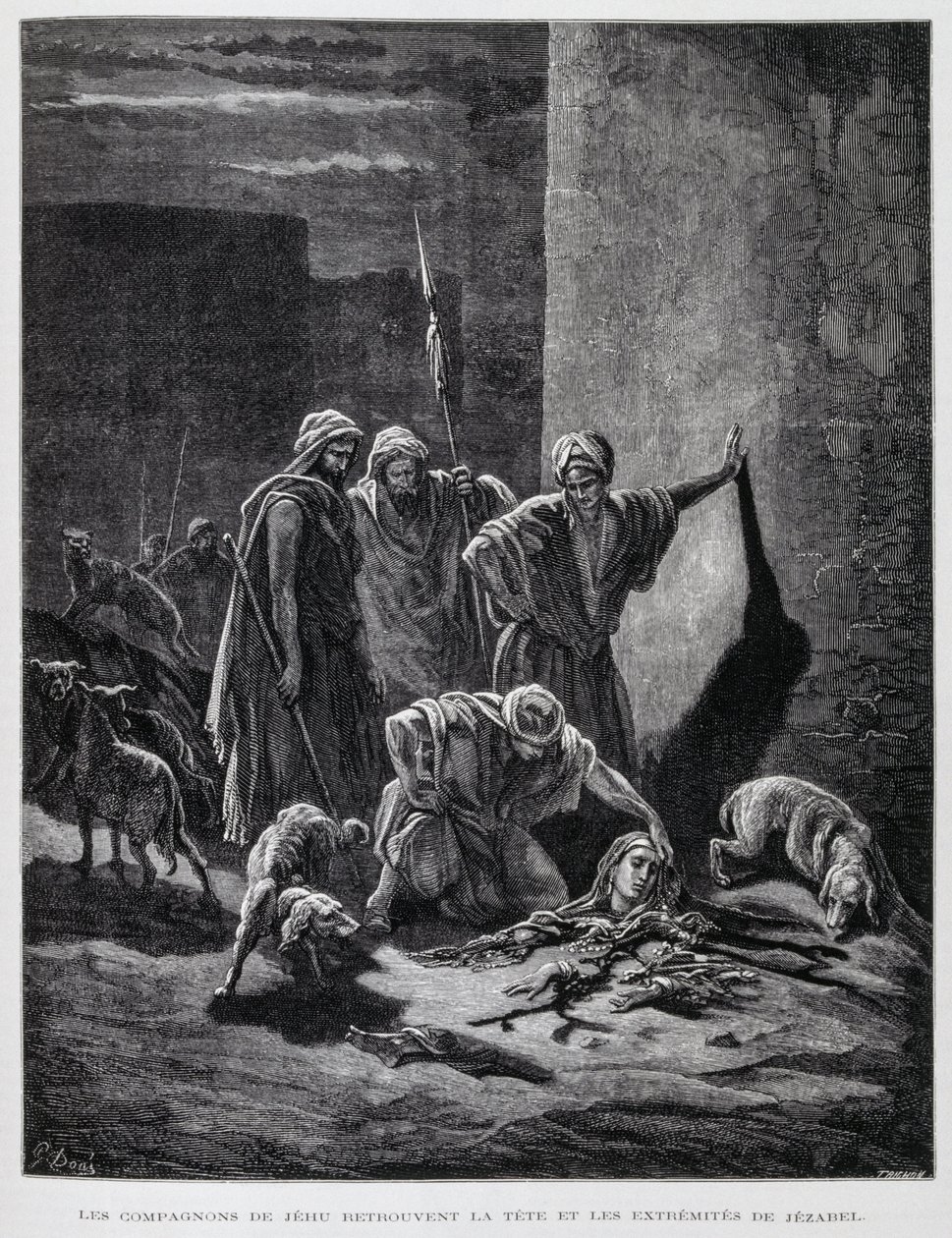 Rester av drottning Jezebel efter att hon kastats ut från palatsets fönster, illustration från Dore-bibeln av Gustave Dore