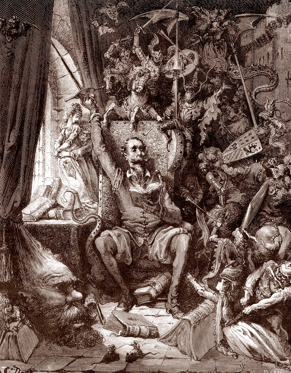 Representation av Don Quijote i hans bibliotek omgiven av varelserna i hans böcker Gravyr av Gustave Dore (1832-1883) för "L