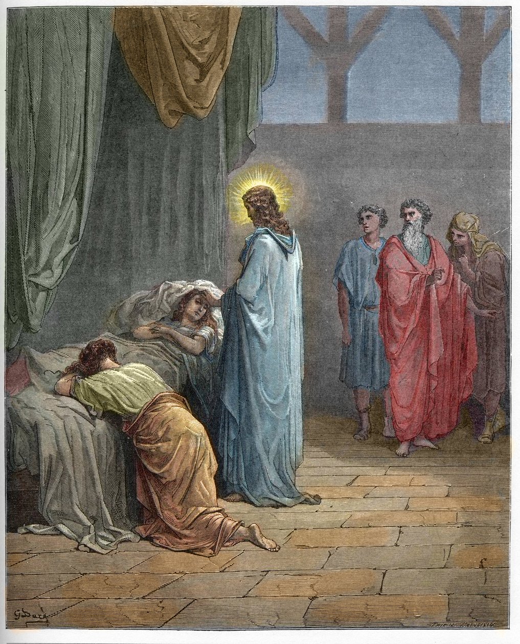 Jaires dotters återuppståndelse - Uppfostran av Jairus dotter (Jesus väcker upp Jairus dotter) - gravyr i "" The Bible illustree"" av Gustave Dore (1832-1883) - Gravyr från "" The Dore Bible"" av Gustave Dore