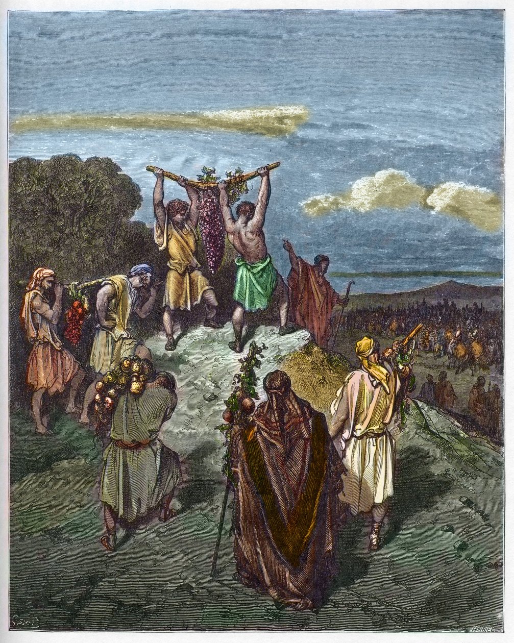 Återkomst från Kanaans land - Josue och Kalebs återkomst med ett enormt druvklase från Kanaans land (förlovat land) - - gravyr i "The Bible illustree" av Gustave Dore (1832-1883) - Gravyr från "" The Dore Bible”” av Gustave Dore