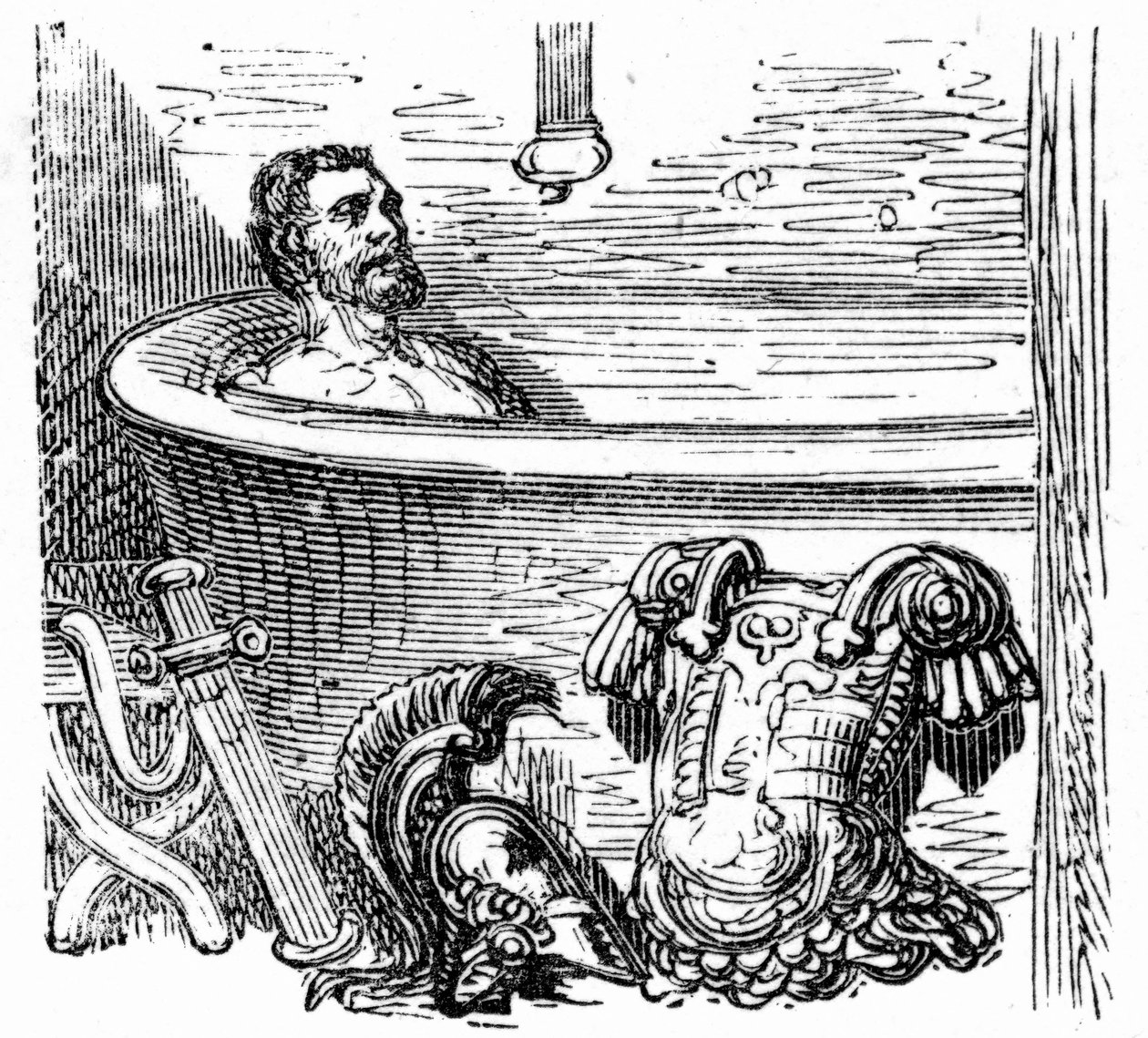 Romersk soldat badar vid de termiska baden i Bagneres de Bigorre: gravyr av Gustave Dore som illustrerar boken "Voyage aux Pyrenees" av Hippolyte Taine, Hachette 1860. av Gustave Dore