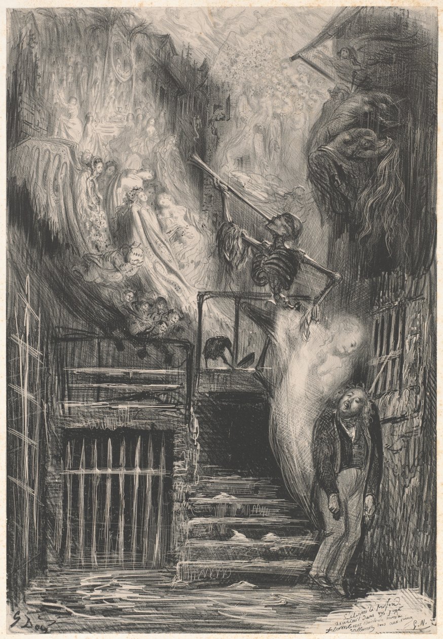 Rue de la Vieille Lanterne [Gérard de Nervals självmord] av Gustave Dore