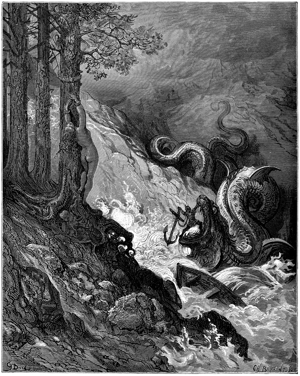 Ruggiero bekämpar havsmonstret (draken) som hotar Olimpia, binder fast det i ett träd, blockerar dess käkar med ett ankare och räddar Olimpia (sång 11 stance 37) - Gravyr av Gustave Dore (1832-1883) som illustrerar "Den rasande Roland" (1878) av Ludovico A av Gustave Dore