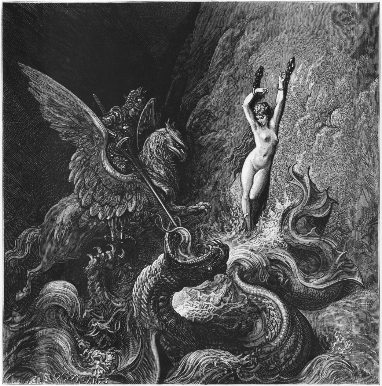 Ruggiero räddar Angelica, illustration från Canto X av 