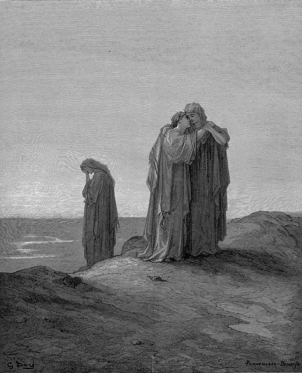 Ruth omfamnar sin svärmor Naomi och lovar att stanna hos henne nu de är sörjande, 1866 av Gustave Dore