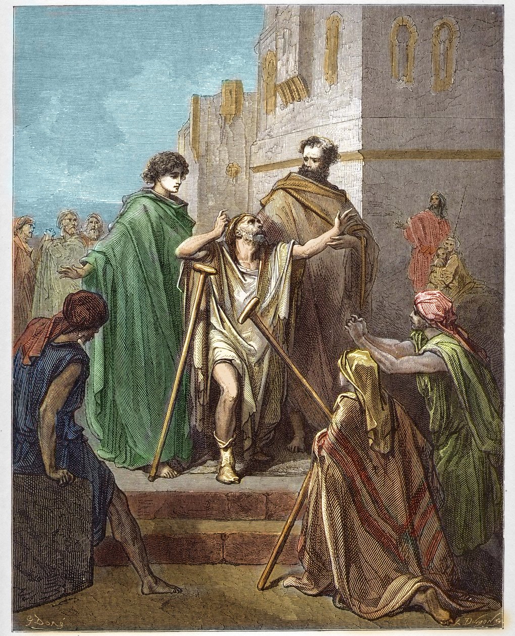 Sankt Peter och Sankt Johannes läker ett blad - Guerison of the lame - Sankt Peter, tillsammans med Sankt Johannes, krigade mirakulöst en halt man i Jerusalem - - gravyr i "The Bible illustree" av Gustave Dore (1832-1883) - Gravyr från " "The Dore Bible"" av Gustave Dore