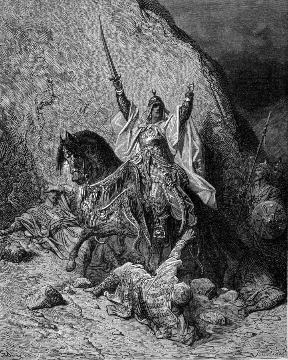 Saladin (1138-1193) (Salah al Din Yusuf al-Ayyubi (al Ayyubi) i spetsen för sina trupper mot korsningarna - gravyr av Gustave Dore av Gustave Dore