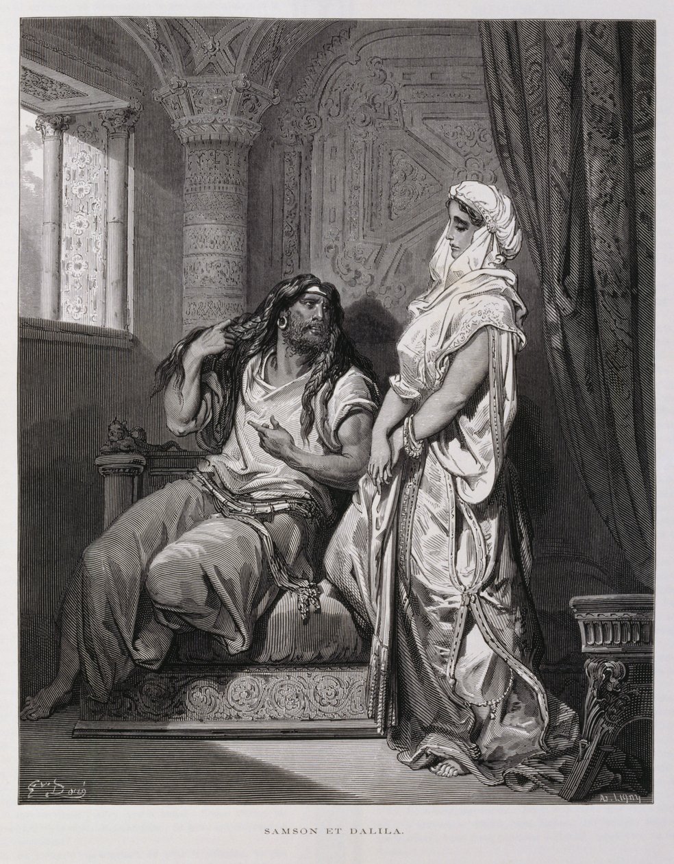 Simson och Delila, kapitel 16, i Domarboken, i Gamla testamentet, illustration från Dore-bibeln av Gustave Dore