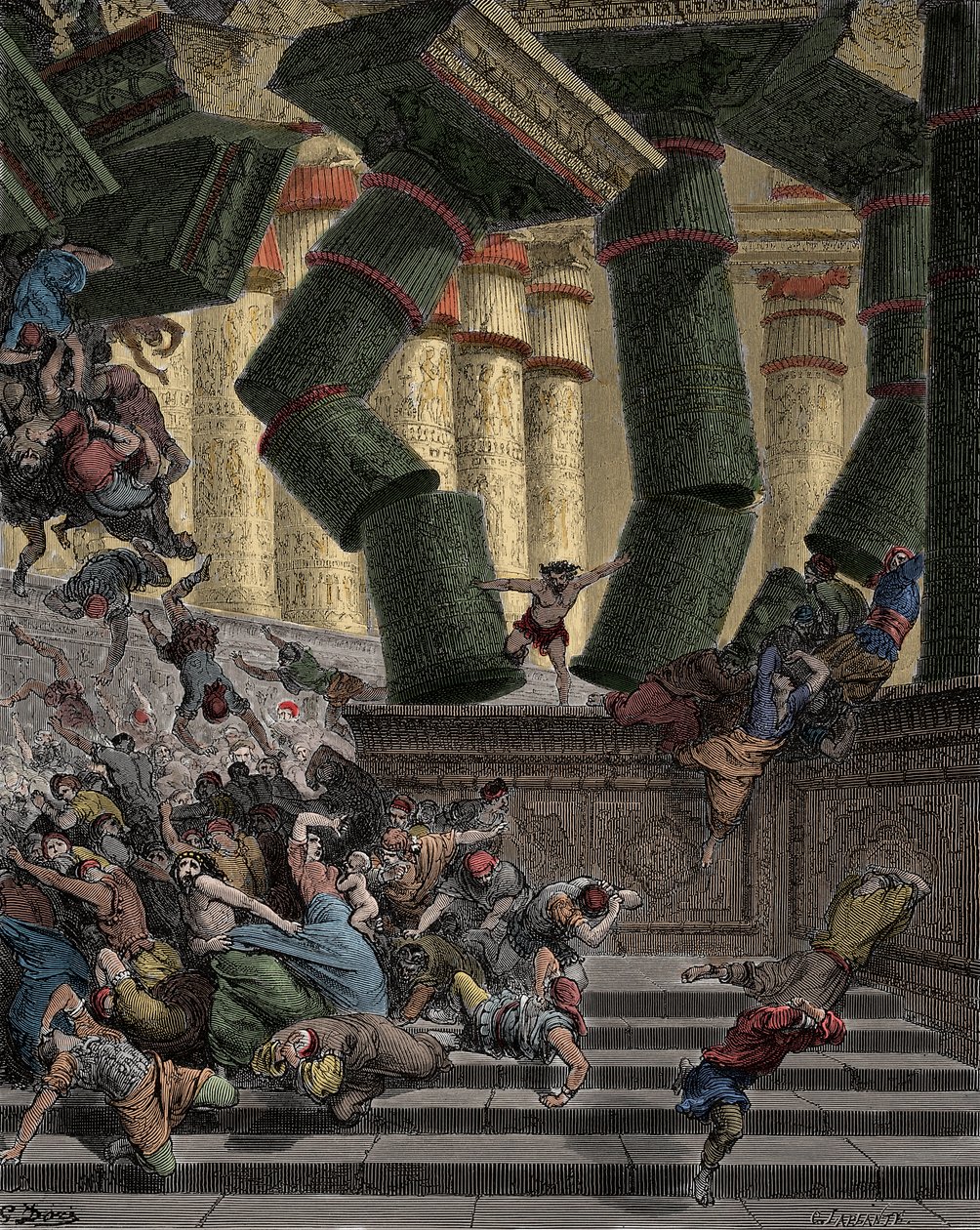 Simson fäller Dagons tempel Gravyr av Gustave Dore (1832-1883) av Gustave Dore