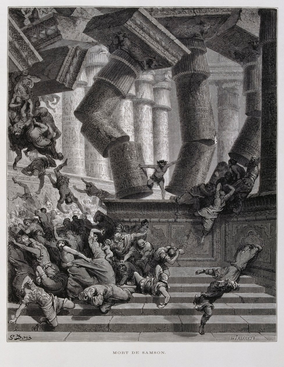 Simson förstör Baals tempel, illustration från Dore-bibeln av Gustave Dore
