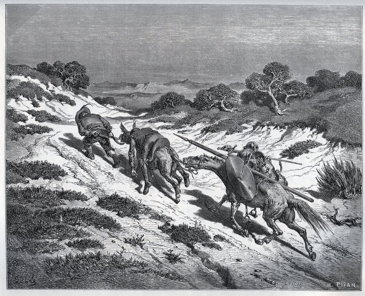 Sancho Panza, Don Quijote och deras besättningar efter deras nederlag mot Yangers - från "" Don Quixote de la Mancha"" av Miguel Cervantes (1547-1616) (Don Quijote) - Träsnitt efter teckning av Gustave Dore av Gustave Dore
