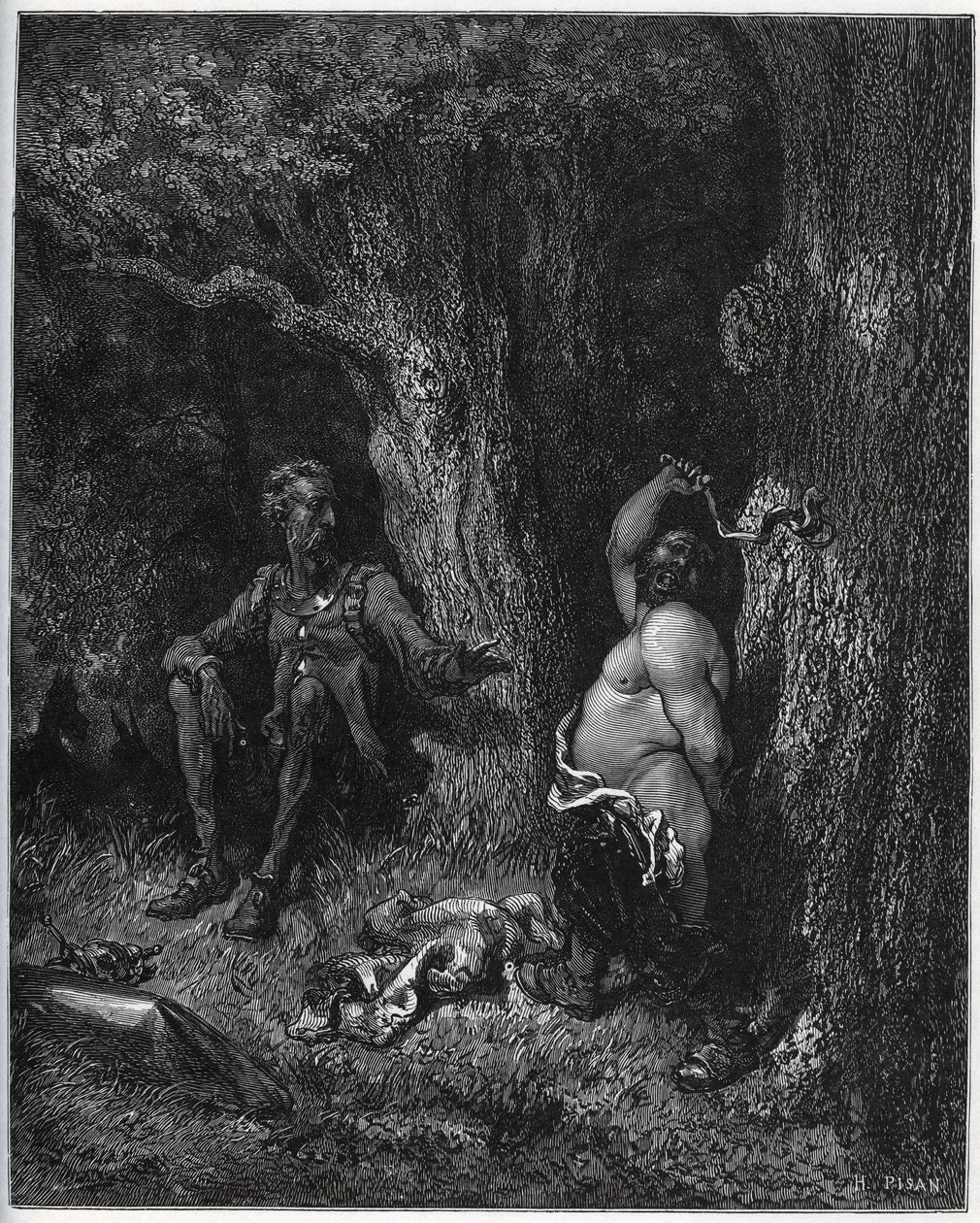 Sancho Panza flyger framför Don Quijote för att uppfylla Merlins önskan och därmed avförtrolla Dulcinee från Toboso. Don Quijote uppmanar honom att dämpa sin glöd - från "Don Quixote de la Mancha" av Miguel Cervantes (1547-1616) (Don Quijote) - Träsnitt av Gustave Dore
