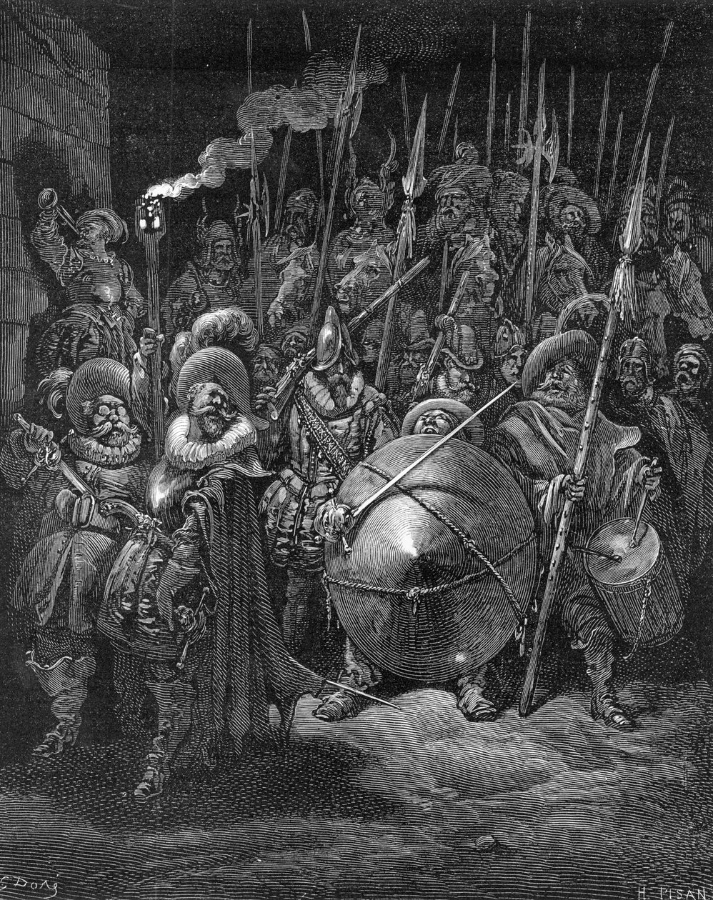 Sancho och riddarna, ur "Don Quijote de la Mancha" av Miguel Cervantes, graverad av Heliodore Joseph Pisan, ca 1875 av Gustave Dore