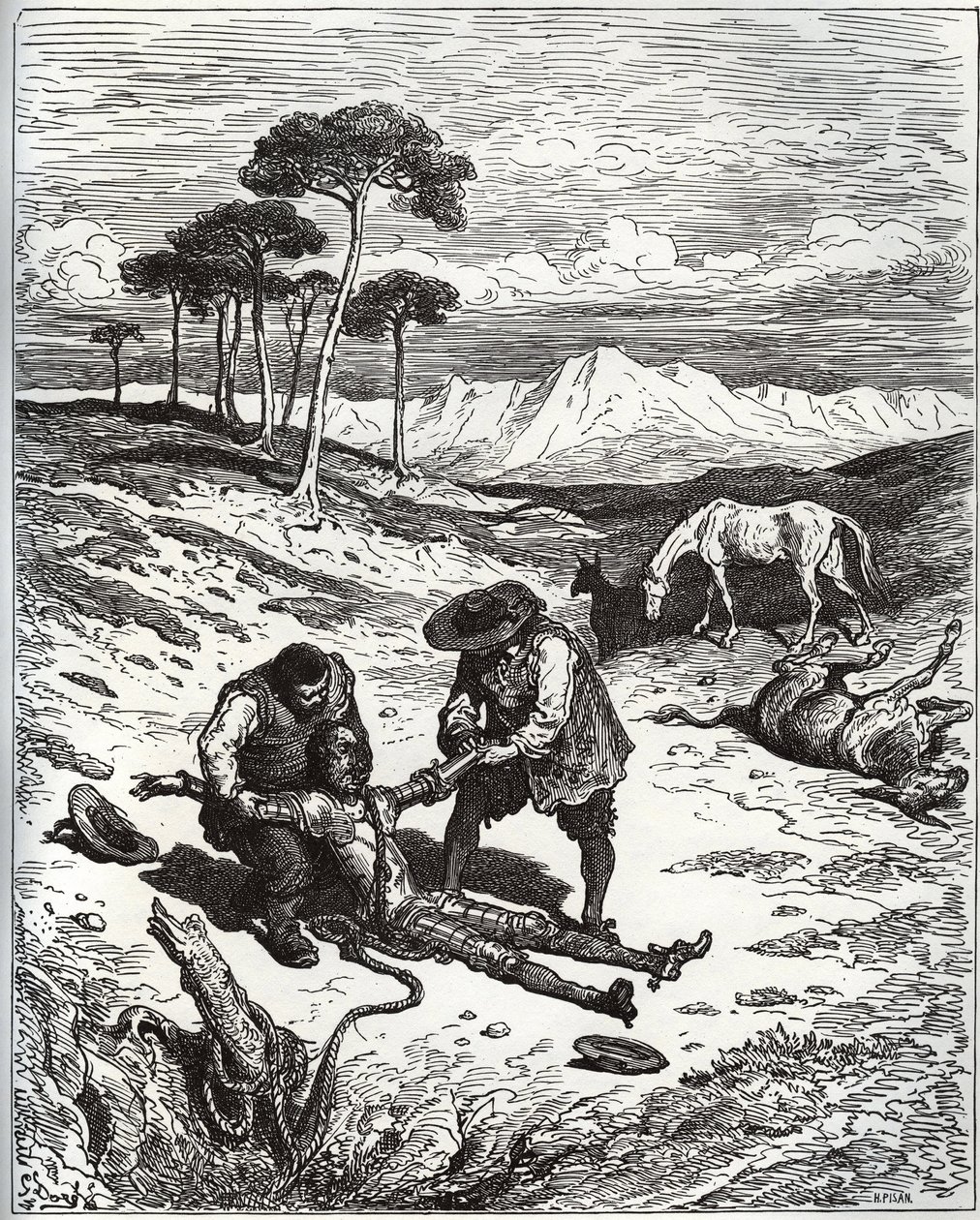 Sancho och kusinen drar Don Quijote (sovande) ut ur Montesinos grotta - från "" Don Quixote de la Mancha"" av Miguel Cervantes (1547-1616) (Don Quijote) - Träsnitt efter teckning av Gustave Dore av Gustave Dore