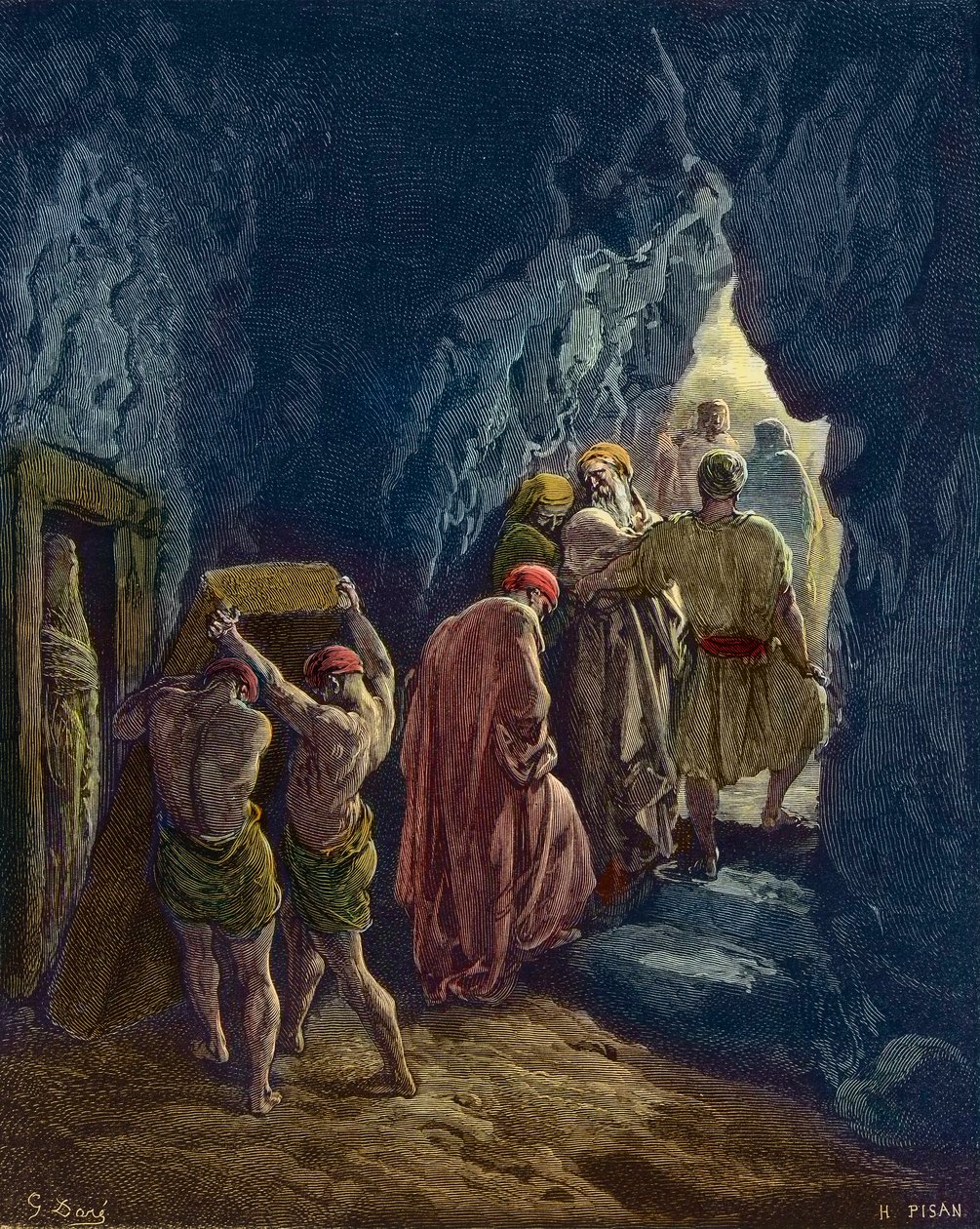 Sarahs död är 127 år gammal - Begravningen av Abrahams fru, Sarah - - gravyr av Gustave Dore - senare färgläggning av Gustave Dore