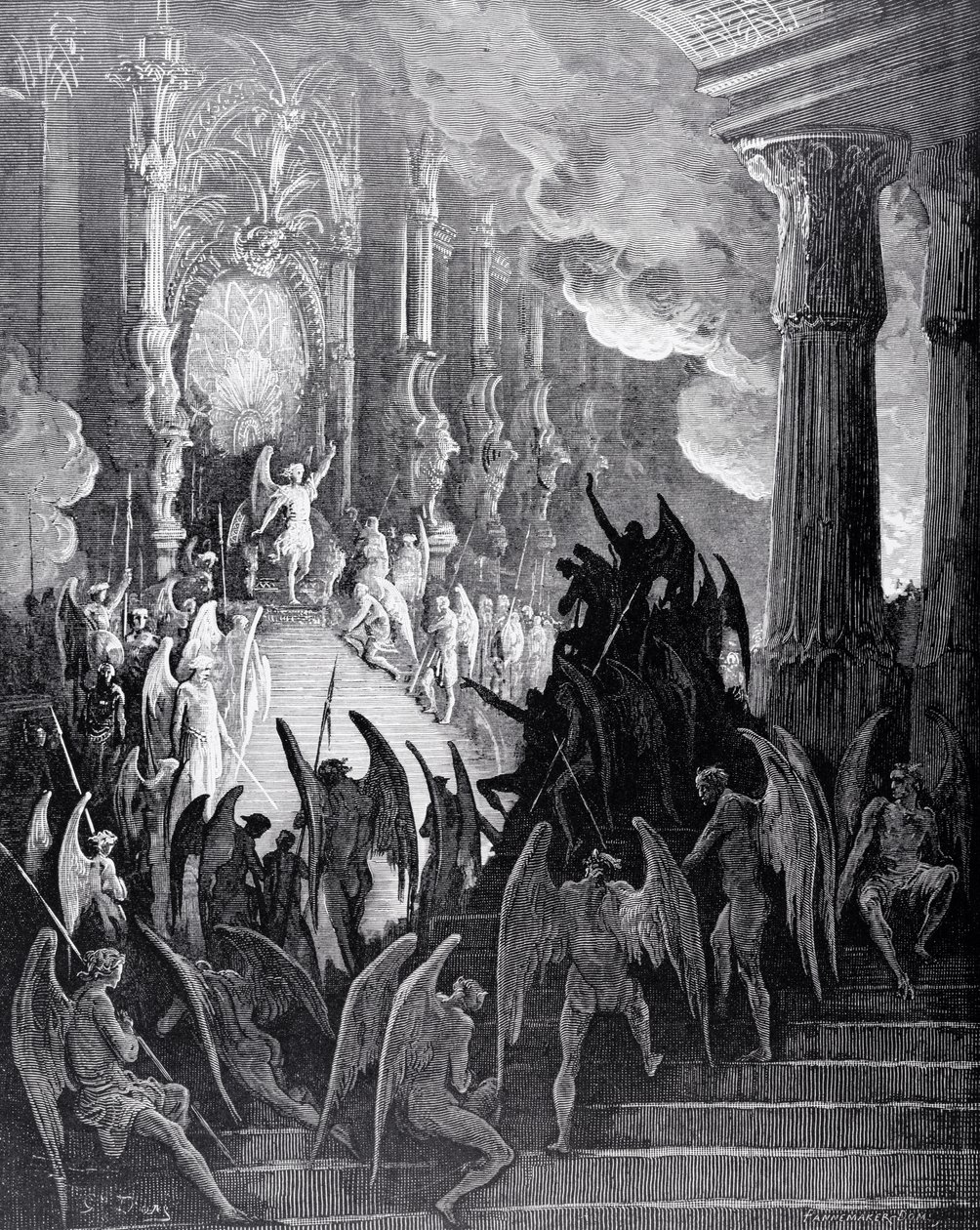 Satan i rådet, från bok I av "Paradise Lost" av John Milton (1608-74) graverad av stephane Pannemaker (1847-1930) c.1868 av Gustave Dore