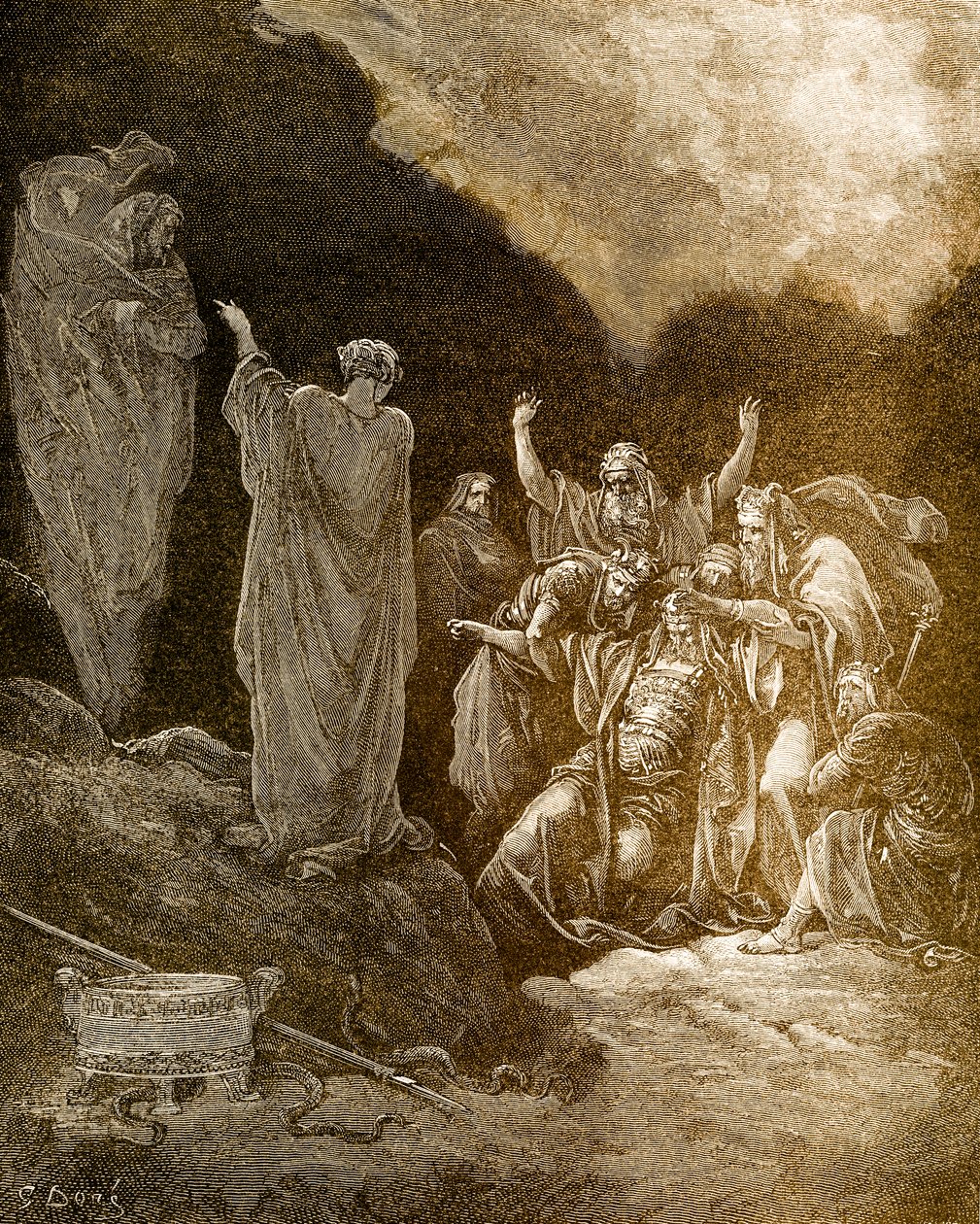 Saul och mediet/häxan från Endor, av Doré. - Bibeln av Gustave Dore