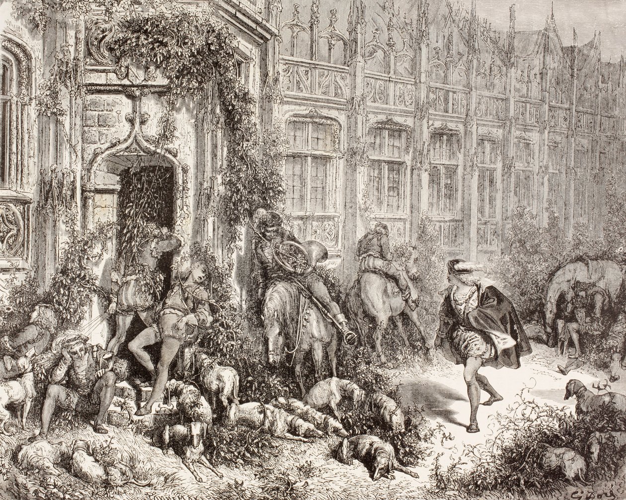 Scen från Törnrosa av Charles Perrault. Från El Mundo Ilustrado, publicerad Barcelona, cirka 1880. av Gustave Dore