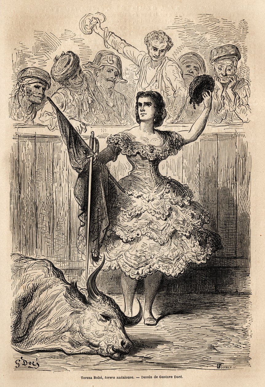 Scen för tjurfäktning: Teresa Bolsis triumf, andalusisk torrera, som hälsar församlingen som hyllar honom i Sevilla. Skiss tagen live av Gustave Dore (1832-1883). Gravyr för att illustrera resan i Spanien, 1862 av Charles Davillier och G av Gustave Dore